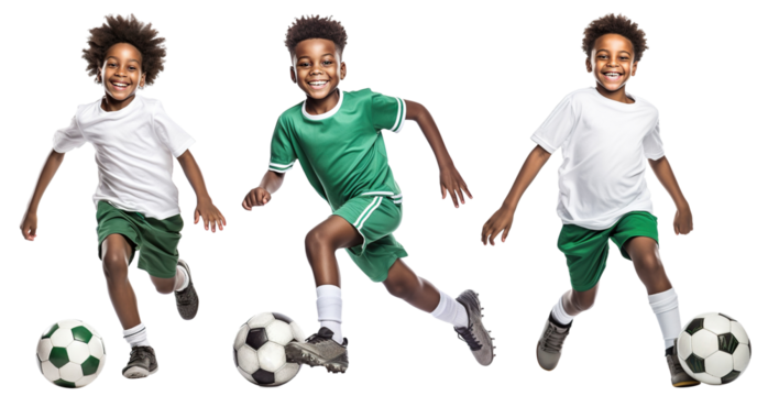 Set of happy young African American football (soccer) players, cut out