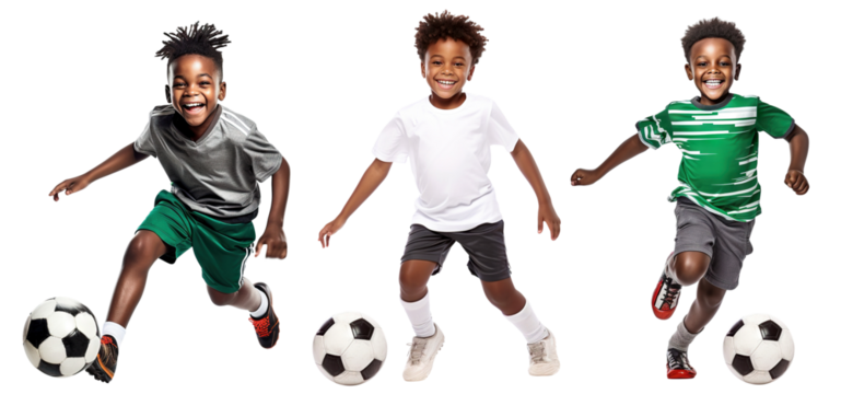 Set of happy young African American football (soccer) players, cut out