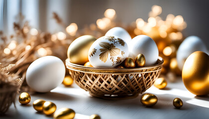Ostern bunte goldene bemalte Eier Dekoration mit Grün und Blumen frühlingshaft frisch in hellen...