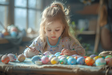 Fototapeta na wymiar Young girl painting Easter eggs at home. Easter celebration and creative activity concept for design and greeting card