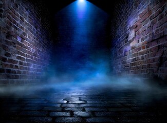 Urban scenery with empty space for display. Brick walls. Blue light. Background.