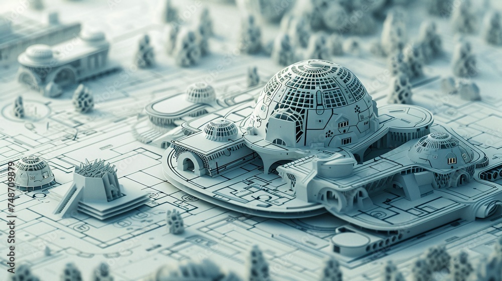 Poster blueprints 3d render, demonstrating construction and design concept