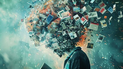 young human brain overwhelmed by explosion of information data, too much media, maximalism, news, social media addiction