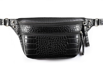 Black Crocodile Leather Banana Bag Black Business Office bag with zipper on isolated