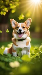 Adorable Corgi sitting in a sunny meadow of clovers, perfect for Saint Patrick's Day, summer season, and springtime.