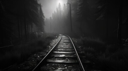 Fototapeta premium a black and white photo of a train track in the middle of a foggy forest with a light at the end of the track.