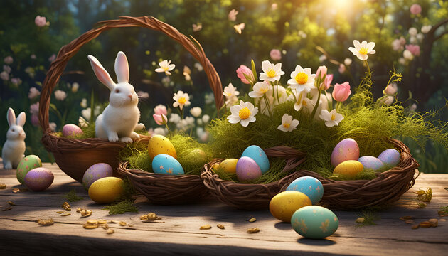 Ostern bunte bemalte Eier Dekoration mit Gr&uuml;n und Blumen fr&uuml;hlingshaft frisch in hellen Pastell T&ouml;nen Osterkorb auf Holztisch  Sonnenstrahlen weiches helles Licht Hintergr&uuml;nde und Vorlage