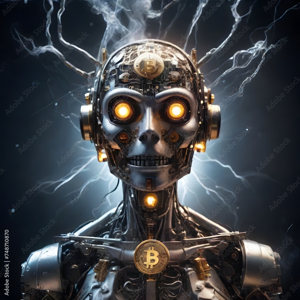 Poster a reflective cybernetic being's face is illuminated by the warm glow of bitcoin symbols, capturing t