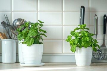 White kitchen background with kitchen utensils and green mint plant in pot 