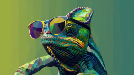 Fashionable Chameleon: Sunglasses on Solid Color Background, Vector Art with Minimalistic Faceted Design and Abstract Panorama Background - Unique Generative AI Illustration - obrazy, fototapety, plakaty
