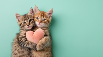 Two Adorable Tabby Kittens Cuddling and Holding a pink Heart, Perfect for Valentine's Day Cards and Greetings, isolated background, copy space, 