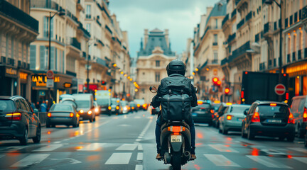 Delivery guy on scooter riding through Paris traffic - obrazy, fototapety, plakaty