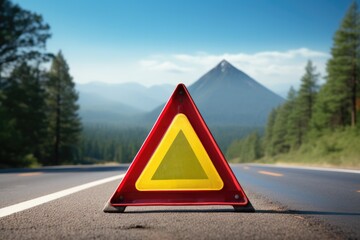 Red warning triangle is on road while good weather, car accident. Generative Ai.