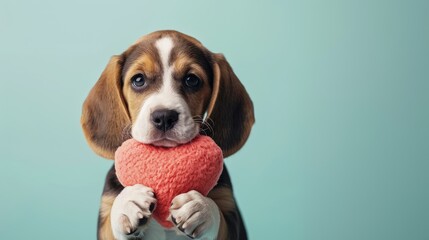 Playful Beagle puppy holding a pink heart-shaped plush toy, perfect for Valentine's Day cards or pet product marketing , isolated  background,  copy space,  