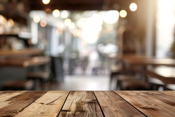 Wood table top on blur restaurant interior background 