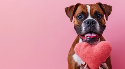 Adorable Adult Boxer dog holding a pink heart-shaped cushion in its paws, perfect for Valentine's...
