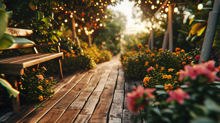 Fototapeta na wymiar A wooden path with a bench and flowers