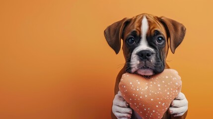 Adorable cute Playful Boxer dog holding a heart-shaped cushion in its paws, perfect for Valentine's...