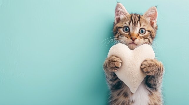 Adorable tabby cat with big eyes playfully holding a white heart-shaped toy, ideal for Valentine's Day cards or pet product marketing, isolated background, copy space text, 
