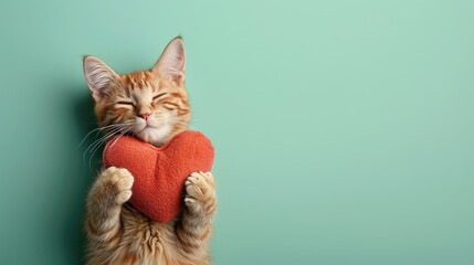 An adorable fluffy kitten holding a red heart-shaped plush toy, perfect for Valentine's Day cards pet product marketing, cat adoption campaigns, Isolated background,  copy space,  