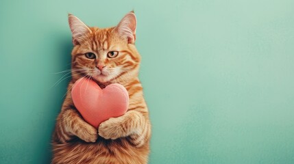 adorable ginger cat holding a red heart-shaped object in its paws, perfect for Valentine's Day greetings or pet-themed designs, pet product marketing, isolated background, copy space, 