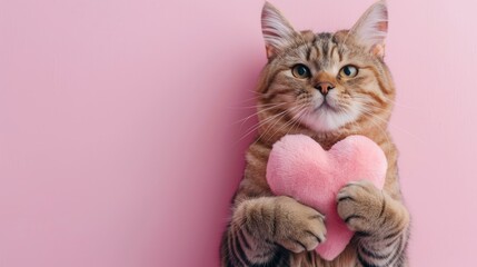 Adorable Scottish Straight cat holding a pink heart, perfect for Valentine's Day greetings or pet-themed designs, pet product marketing, isolated background, copy space 