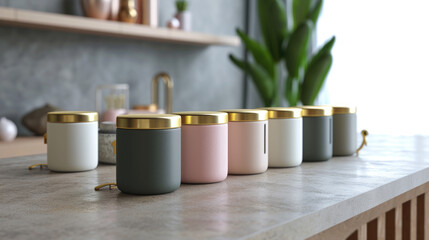 Fototapeta na wymiar Row of colorful containers sit on countertop