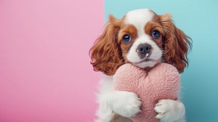 Adorable Cavalier King Charles Spaniel Dog Holding Pink Heart Plush Toy - Isolated Background  copy space 