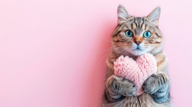 Playful cat with blue eyes holding a pink heart-shaped toy, ideal for Valentine's Day cards or pet product promotions or cat lovers, isolated background, copy space text,  