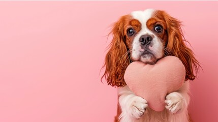  Adorable Cavalier King Charles Spaniel Puppy Holding Pink Heart Plush Toy - Isolated Background  copy space 
