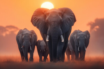 Fototapeta na wymiar A group of elephants walking together in a field with the sun in the background