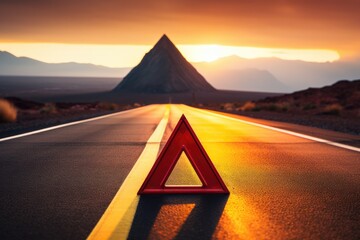 Red warning triangle is on road while good weather, car accident. Generative Ai. - obrazy, fototapety, plakaty