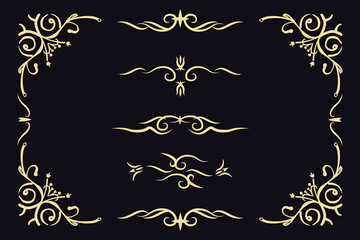 Collection of hand drawn gold color vintage floral frames