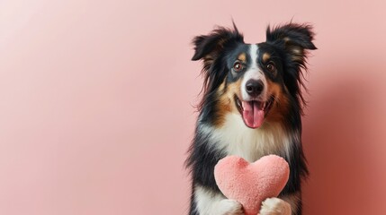 Adorable Border Collie Dog puppy Holding Pink Heart Plush Toy - Isolated sky blue Background, copy space text, 