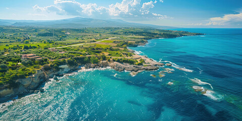 Aerial view of picturesque coast of Greece with the beautiful island of Corfu in the background