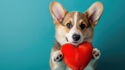Adorable Corgi Puppy Dog Holding Red Plush Heart - Valentine's Day, Love Concept, birthday Card , copy space, isolated background,