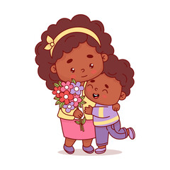 Cute black ethnic woman with happy her son and bouquet flowers. Vector illustration flat cartoon style. Positive festive female character for birthday, Women's Day, Mother's Day design