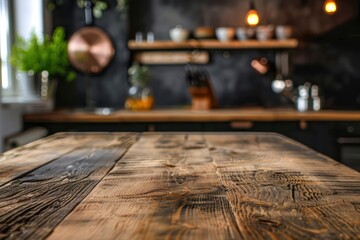 Naklejka na ściany i meble Wooden tabletop over defocused kitchen background 