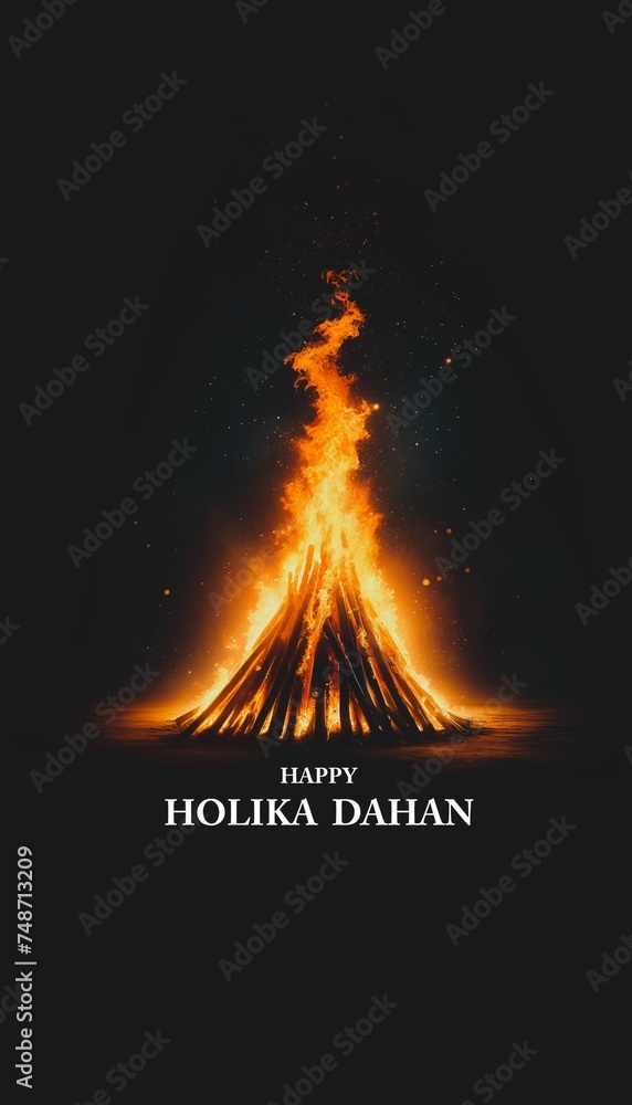 Wall mural holika dahan background with a large bonfire at night.