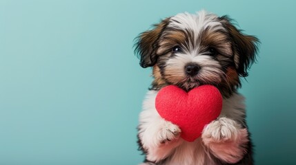 Adorable Havanese Puppy Holding Red Heart Plush Valentine's Day Gift - Isolated Background, copy space,