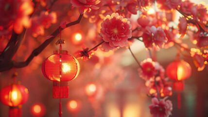 Fototapeta premium Chinese new year festive background with red decoration Generative AI