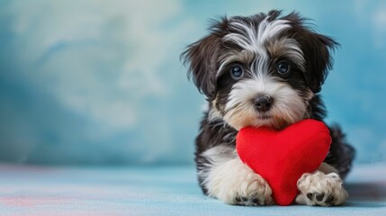 Adorable Havanese Puppy Holding Red Heart Plush Valentine's Day Gift - Isolated Background, copy space,