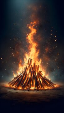 Realistic illustration for holika dahan with a large vibrant bonfire against a dark night.