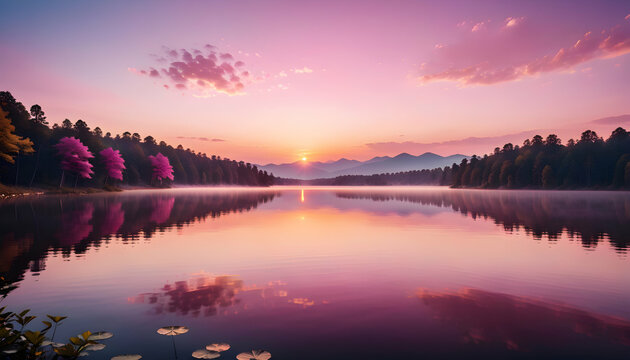 A breathtaking sunrise over a tranquil lake, painting the sky with hues of pink and gold