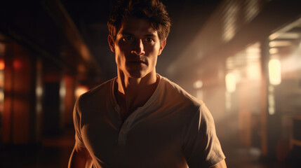 Fototapeta premium A man in a white shirt stands in a dark room