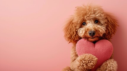 Adorable Poodle Puppy Dog Holding Plush red Heart with the paws ,Valentine's Day greetings, studio...