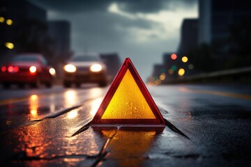 Red warning triangle is on wet road while bad weather, car accident. Generative Ai.