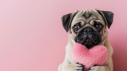 Adorable Pug Dog Puppy Holding pink Heart with the paws , Sending Valentine's Day Love, Valentine's...