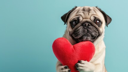 Adorable Pug Dog Puppy Holding Red Heart with the paws , Sending Valentine's Day Love, Valentine's...