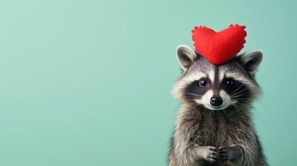 Adorable Happy Raccoon with red Heart on top of his head, cute funny racoon: Valentine's Day Love, Valentine's Day greetings, animal illustrations, isolated on a pastel green background, copy space, - obrazy, fototapety, plakaty